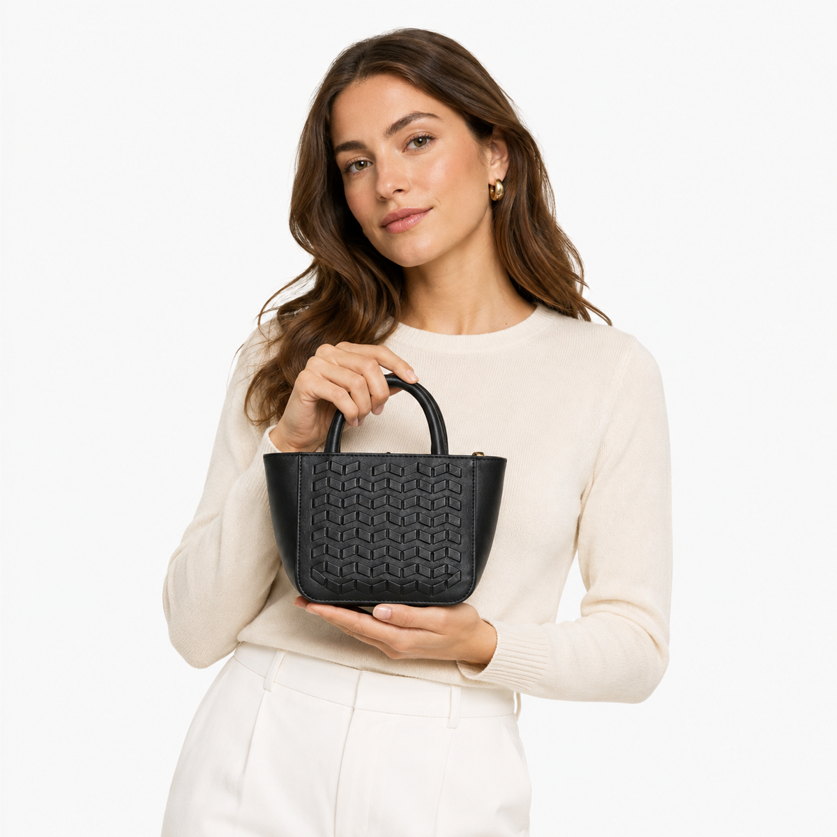 Black Woven Detail Top Handle Handbag