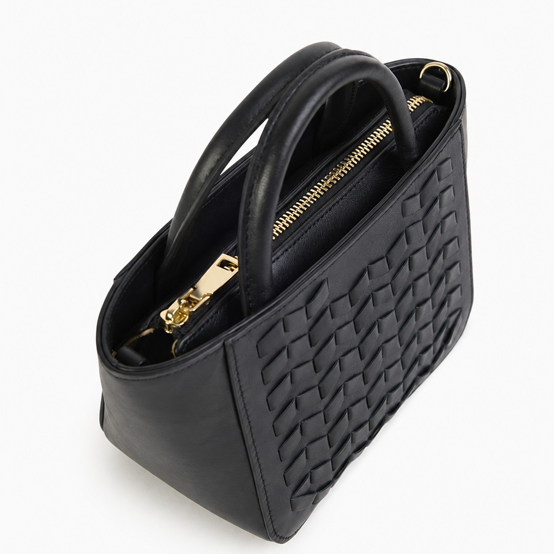 Black Woven Detail Top Handle Handbag