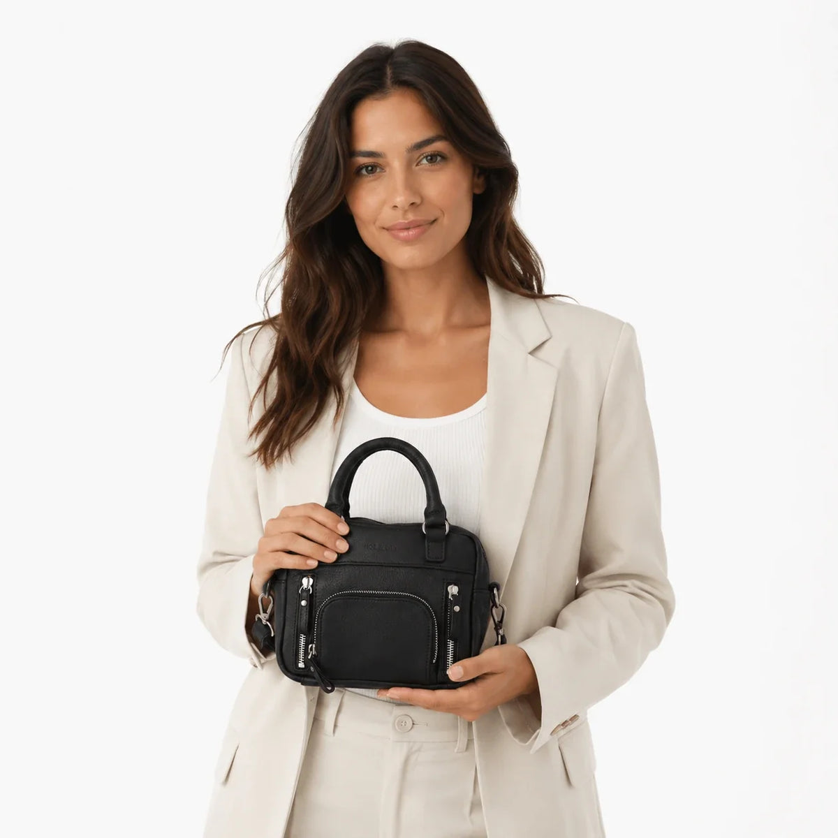 Black Multi-Zip Structured Top Handle Handbag