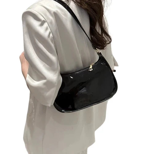 Glossy Black Curved Shoulder Bag