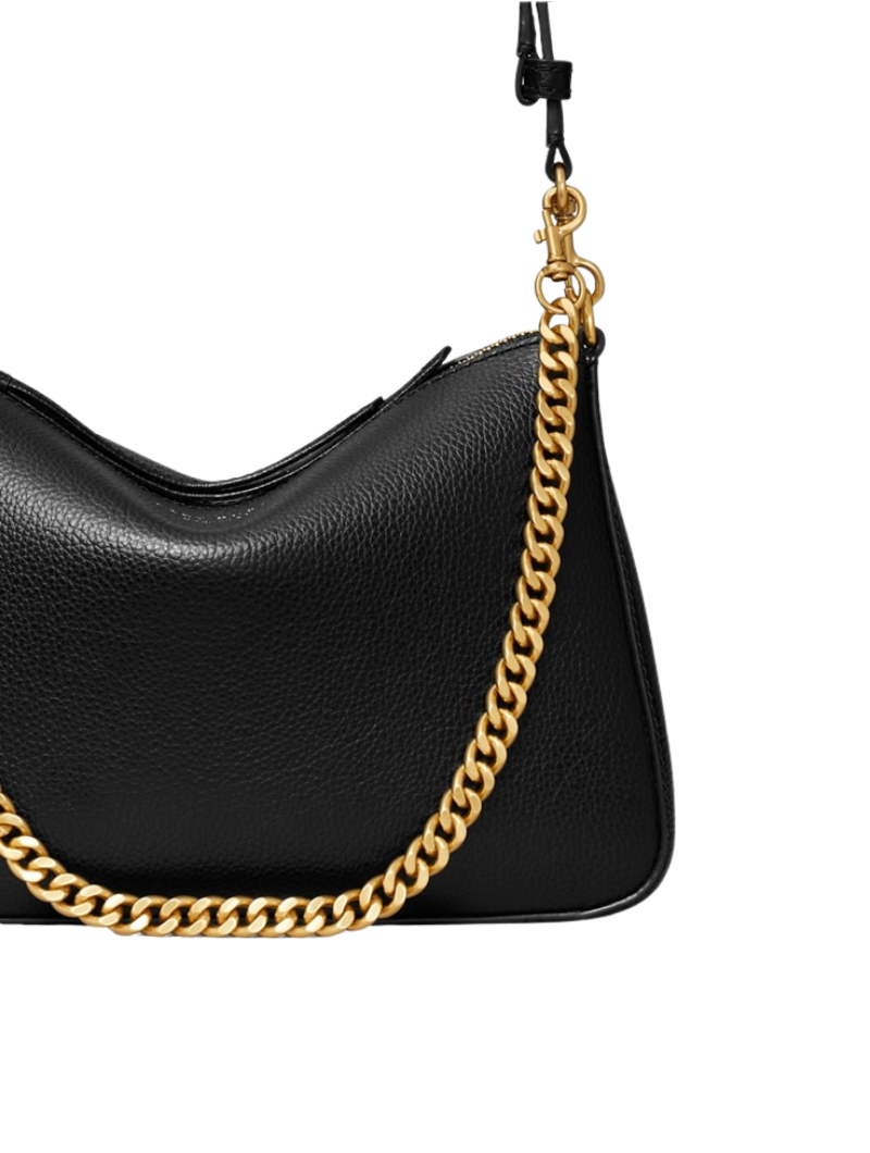 Women's Black Pebbled Leather Chain Detail Hobo Bag