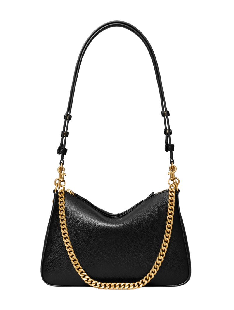 Women's Black Pebbled Leather Chain Detail Hobo Bag