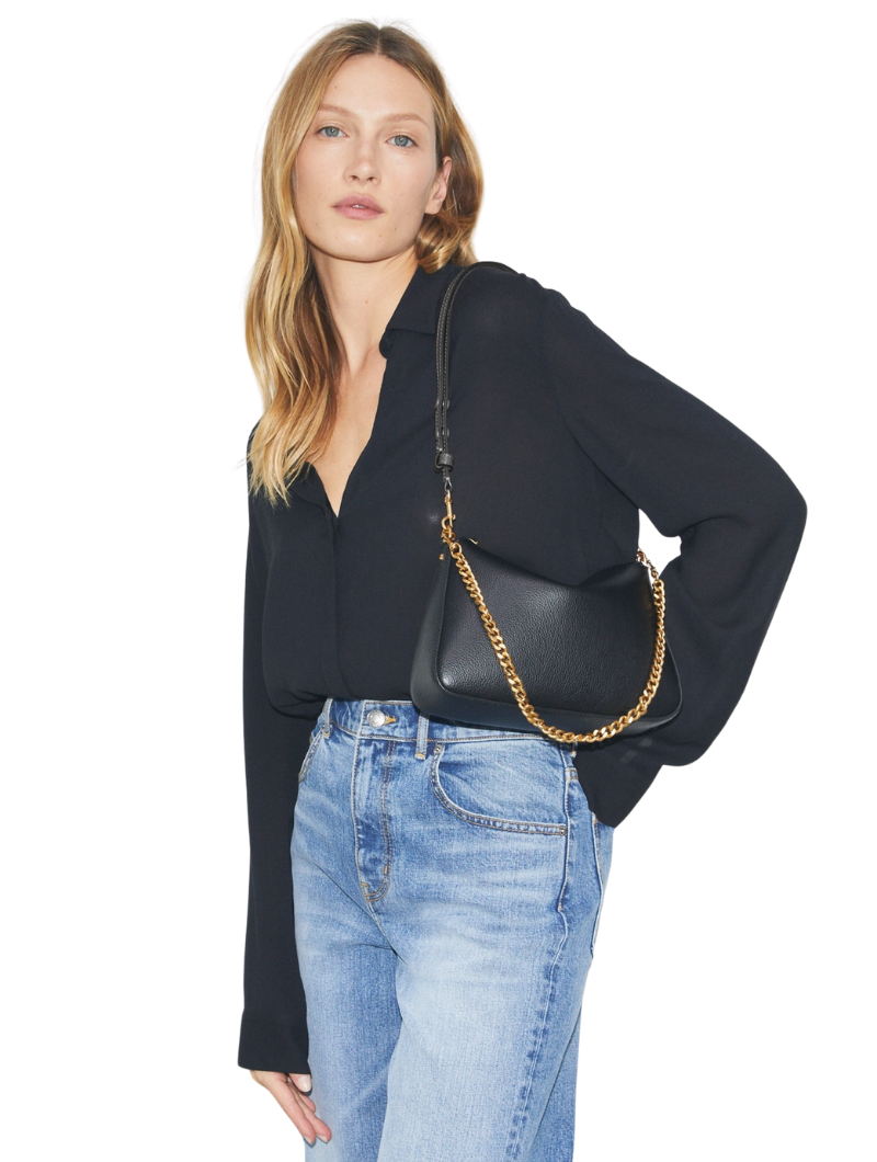 Women's Black Pebbled Leather Chain Detail Hobo Bag